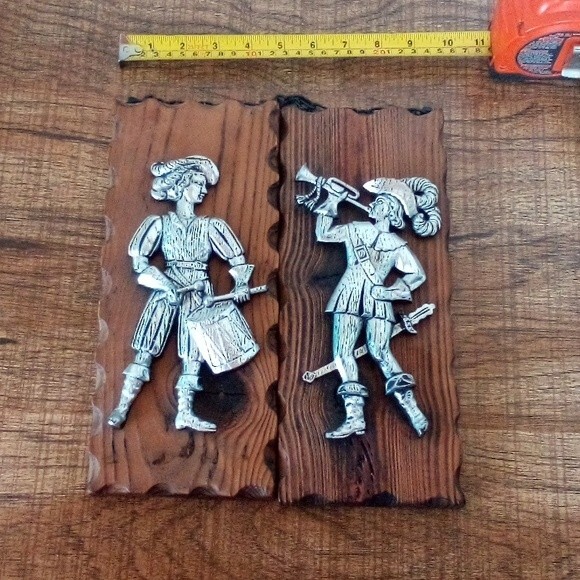 Set of 2 Wall Decor Vintage Pewter Wood West Germany Royal Trumpeter Drummer